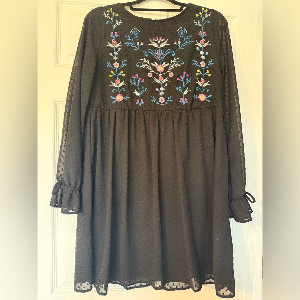 Xhilaration Black Dress with Blue and Pink Embroidery